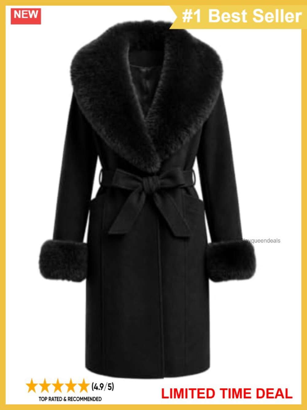 Wool Blend Trench Coat Faux Fur Shawl Collar Belted